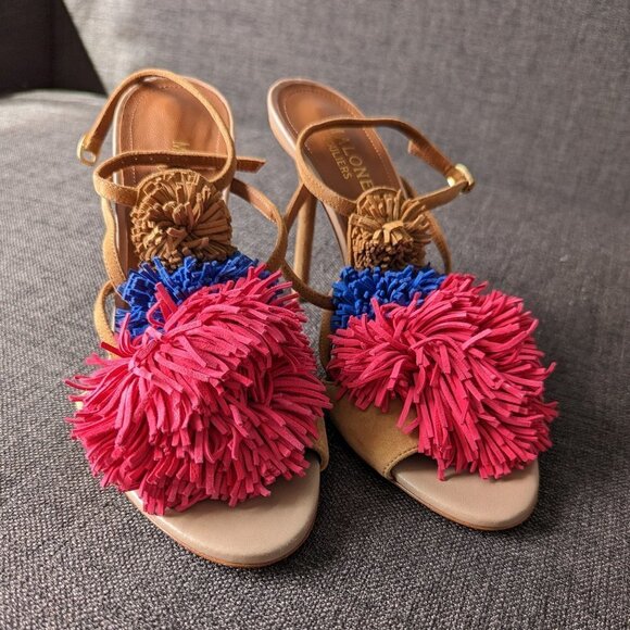NWOB Malone Souliers Sherry Pompom Fringe Suede Heeled Sandals - Picture 4 of 10